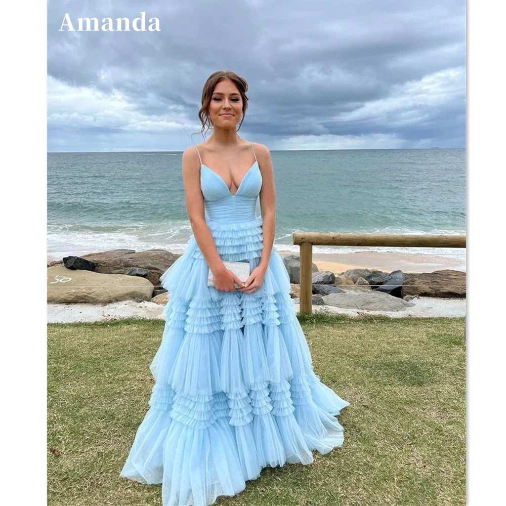 Amanda Princess Baby Blue فساتين مناسبة رسمية Pleats A-line Evening Dress Multilayer Robe De Soirée Floor Length Prom Dress 2023