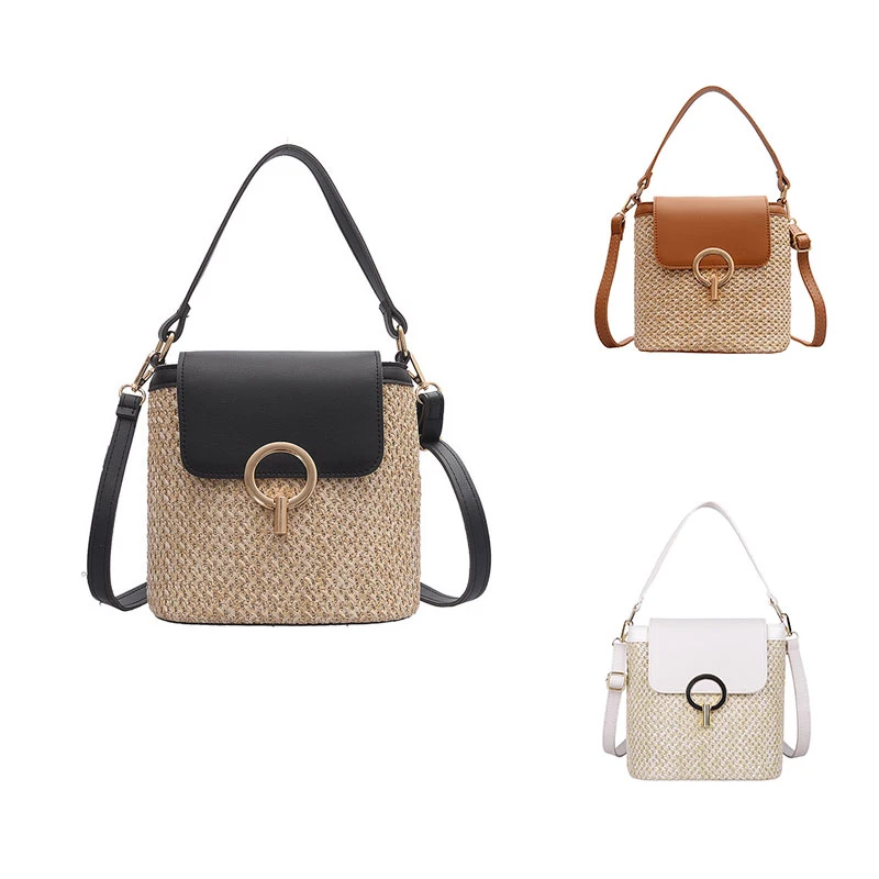 Small Straw Bucket Bags For Women Summer Crossbody Bags Lady Travel Purses And Handbags Female Shoulder Simple Bag