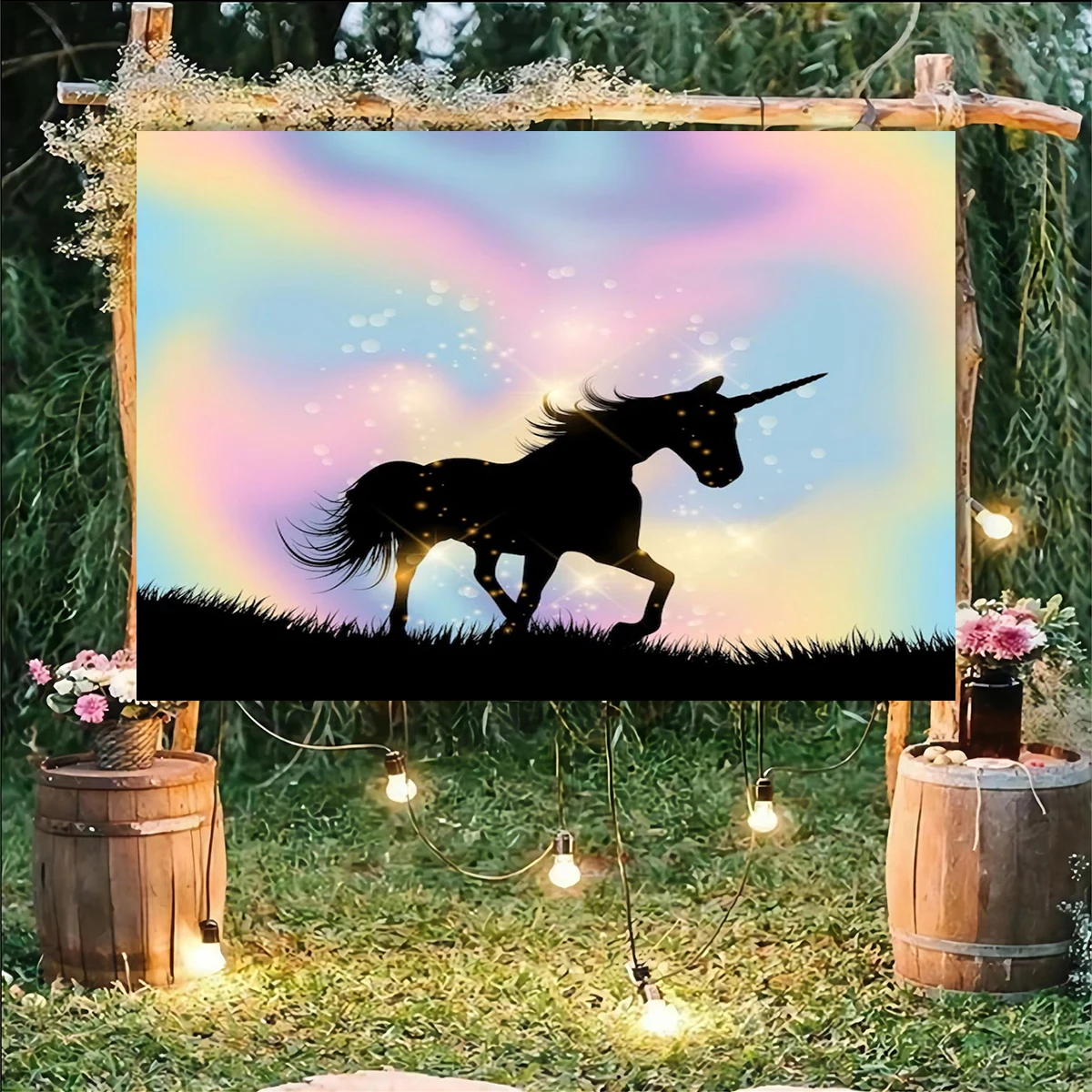 Unicorn Colourful Background Baby Shower Custom Backdrop Black Unicorn Banner Newborn Kids Decorations Glitter PhotoPhotocall