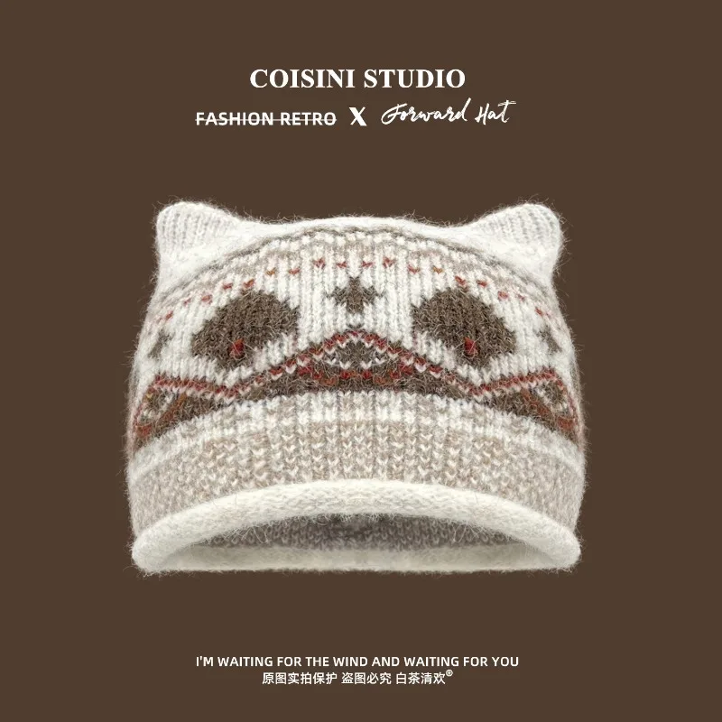 Neue Strickmütze im Fair Isle-Stil mit Katzenohren für Herren und Damen, warm und niedlich, mit Ohrenschutz, ideal für Herbst und Winter. – Detail 2