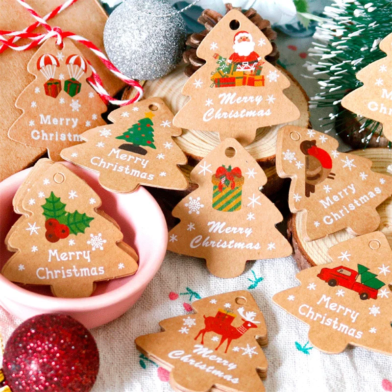 48Pcs Merry Christmas Kraft Paper Tags with Strings Xmas Tree Hanging Labels Christmas Party Gift Tags Cookie Packaging Supplies