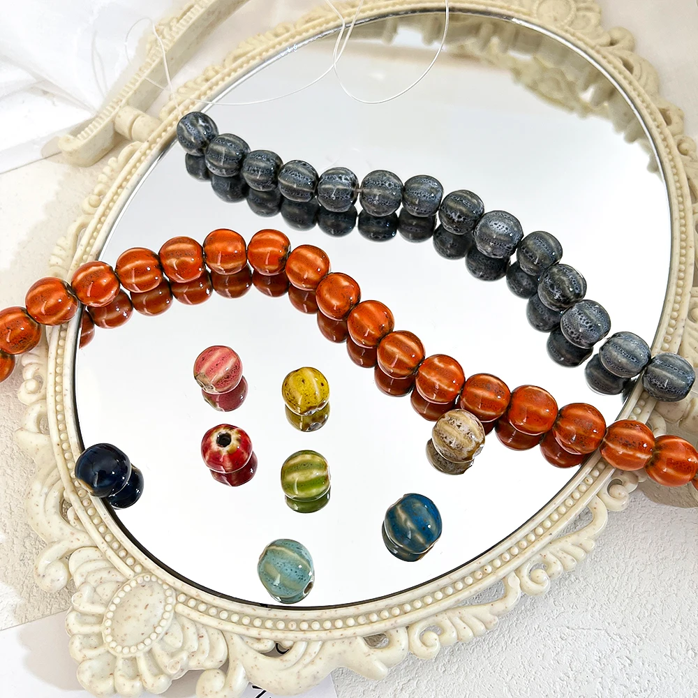 

40pcs Striped ceramic beads Pumpkin Floral Glaze Beads Colorful Loose Spacer Beads for Jewelry Making DIY Bracelet Accessories