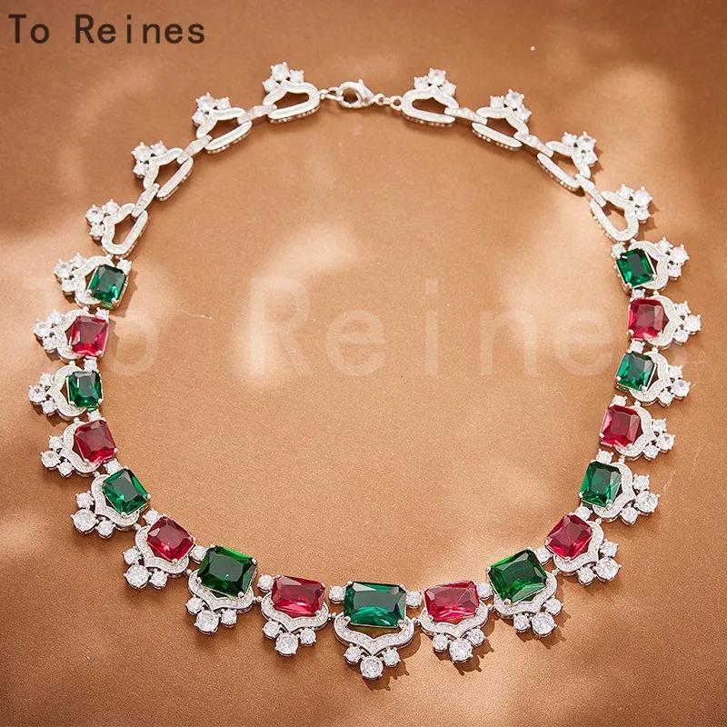 

To Reines New Red Green Crystal Gem Pendant Chain Necklace For Women Fashion Vintage Diamond Collar Luxury High Quality Jewelry