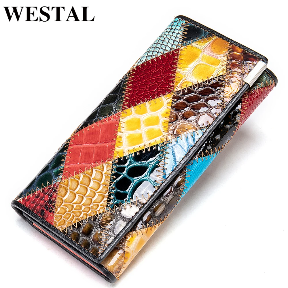 

WESTAL Women's Wallet Luxury Genuine Leather Wallets for Women 2021 Patchwork Woman Wallets Long Cell Phone Wallet Cards Holder