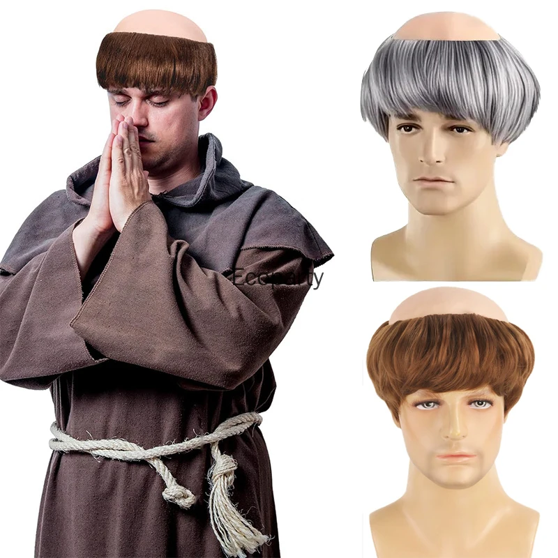 วิกผมผู้ใหญ่แบบตลกสำหรับคอสเพลย์พระสงฆ์ หัวล้าน สีน้ำตาลเงิน วิกผมสังเคราะห์ สำหรับงานฮาโลวีน งานคาร์นิวัล ปาร์ตี้ ชุดแต่งกายชายชรา อุปกรณ์ประกอบผม