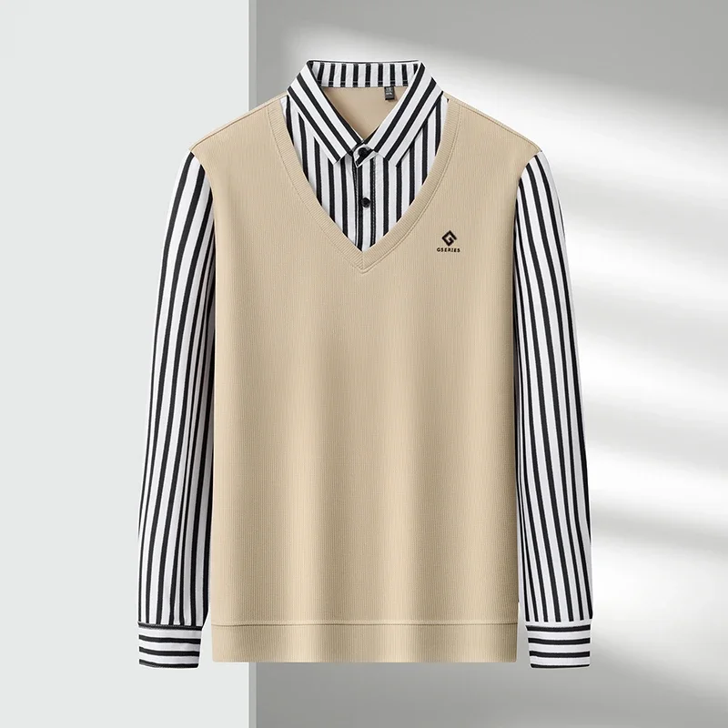 Mens Casual Fake Two Piece Sweater Shirt Striped Collar Long Sleeve V Neck Pullover For Business And Daily view 5