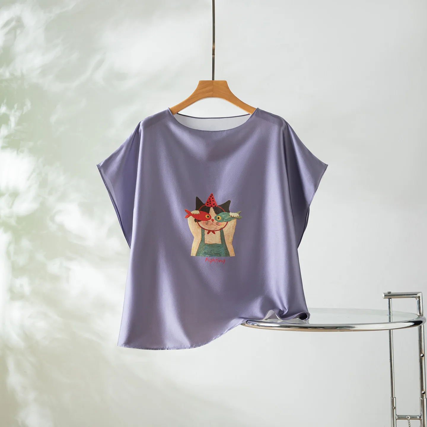 Winsleter-93%Silk 7%Spandex Elegant T-Shirt, Batwing Sleeve Cartoon Print, Women Fashion Casual Loose Top, 2026 Summer T66235CC