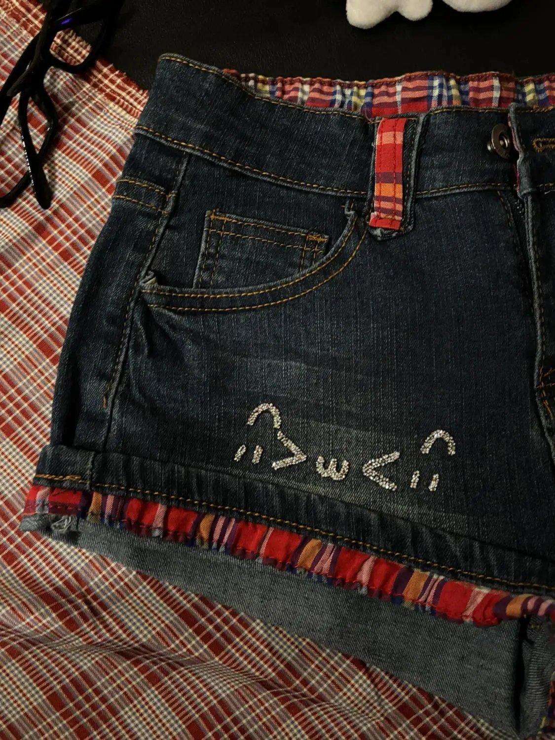 Red Plaid Curled Low-rise Denim Shorts Women's Summer New Design Diamond-encrusted Retro Jeans Y2k Shorts