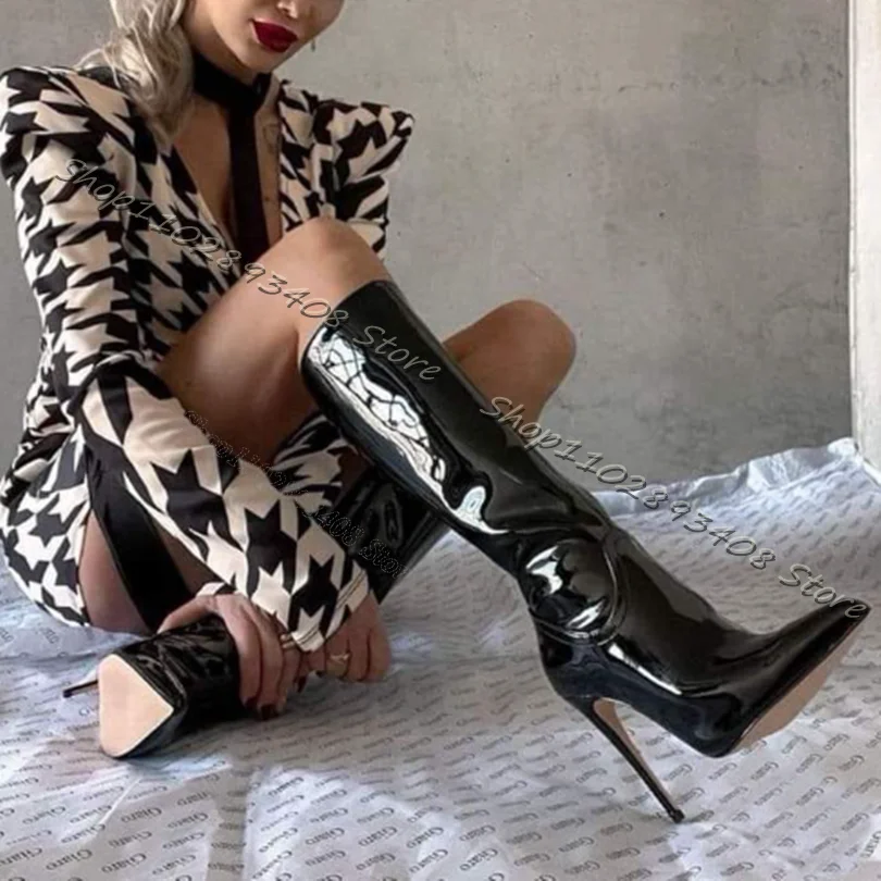 

Black Patent Leather Fleece Boots Side Zipper Stiletto Heel Women Shoes Pointed Toe Women Winter Party Boots Zapatos Para Mujere