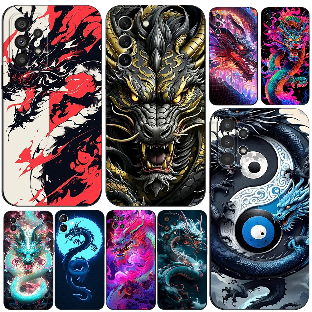 Black Tpu Case For Samsung Galaxy A03 SM-A035 A03 Core A03S A13 A23 LTE A33 A53 A73 4G 5G Chinese dragons