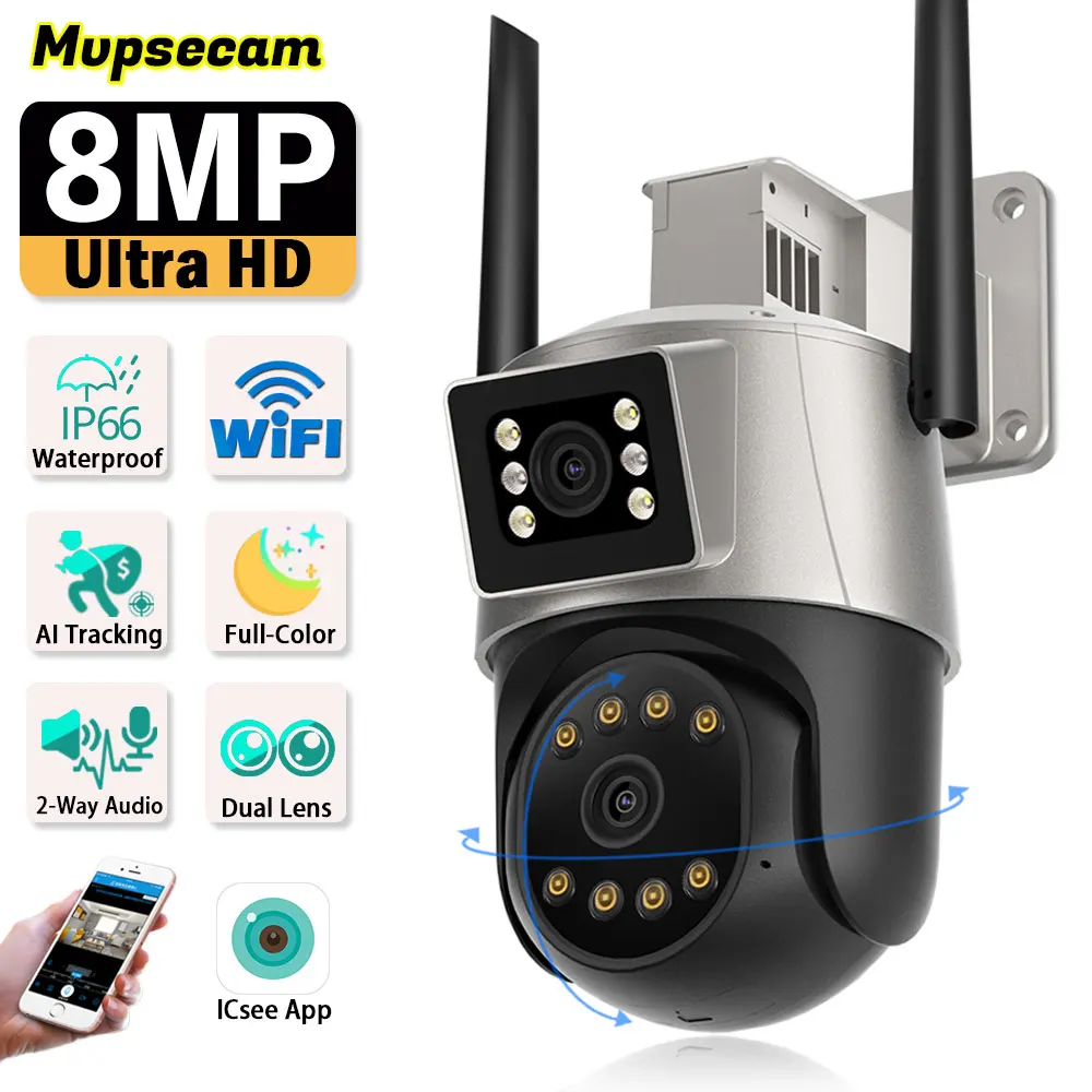 

8MP 4K WIFI Surveillance Camera Outdoor Dual Lens Wireless CCTV 360° Security IP Cameras Wi-FI WitH AI Tracking Smart Home ICSee