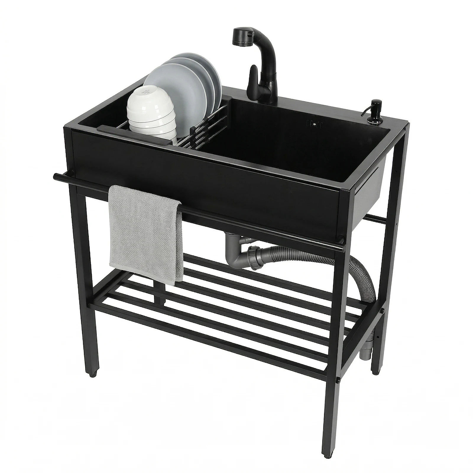 

Utility Sink with Cold & Hot Water Faucet Hoses and Drain Kit Single Bowl Kitchen Sink for Laundry Room Bathroom Farmhouse