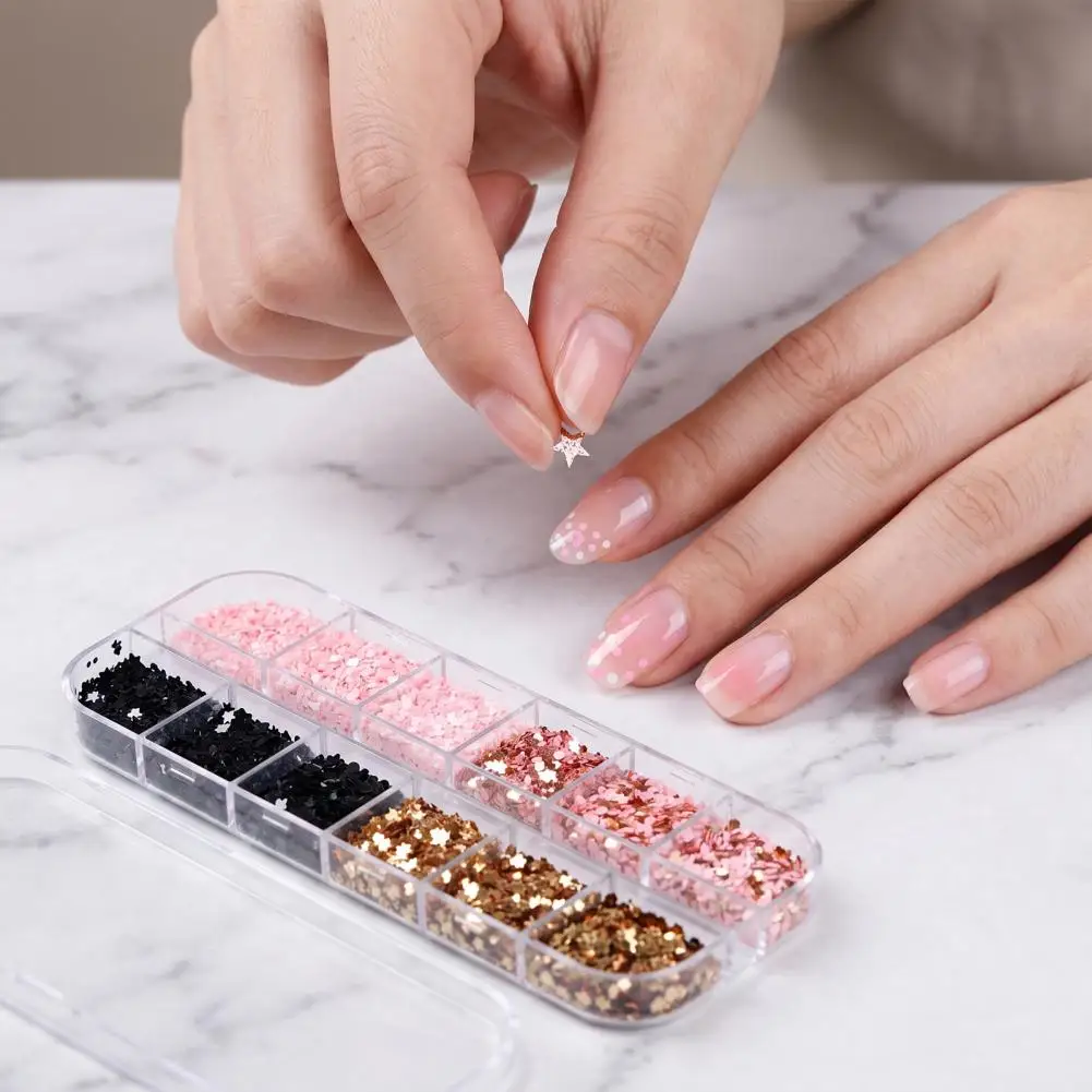 12 Grids Glitter Nail Art Sequins Mini Star Love Heart Round Holographic Nail Charm Foils DIY Manicure Decoration Accessories