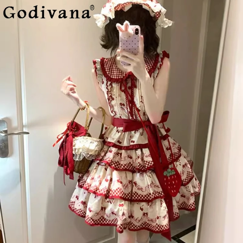 

Милый комплект из двух предметов: юбка и топ в стиле Лолита, летнее японское платье с бантом и вишневым принтом для чаепития, разрезное платье для женщин