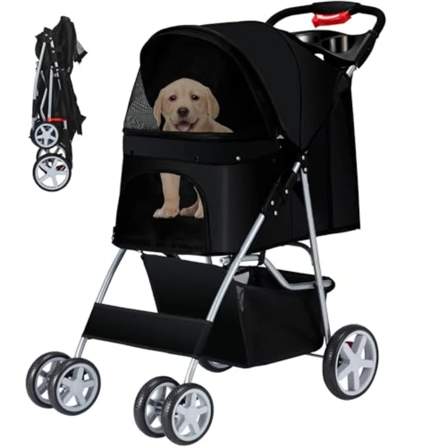 

Pet stroller for medium/small dogs and cats: black foldable 4-wheel jogger with breathable mesh, cup holder, storage basket, al