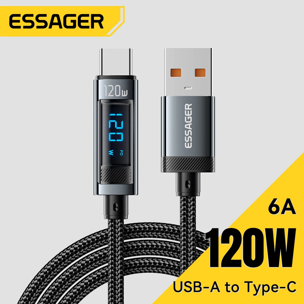 Essager USB C타입 케이블 PD 슈퍼 플래시 충전 6A, 샤오미 14 프로 레드미 K70 포코 X6 블랙 샤크 3 프로 LED 디지털 디스플레이, 120W