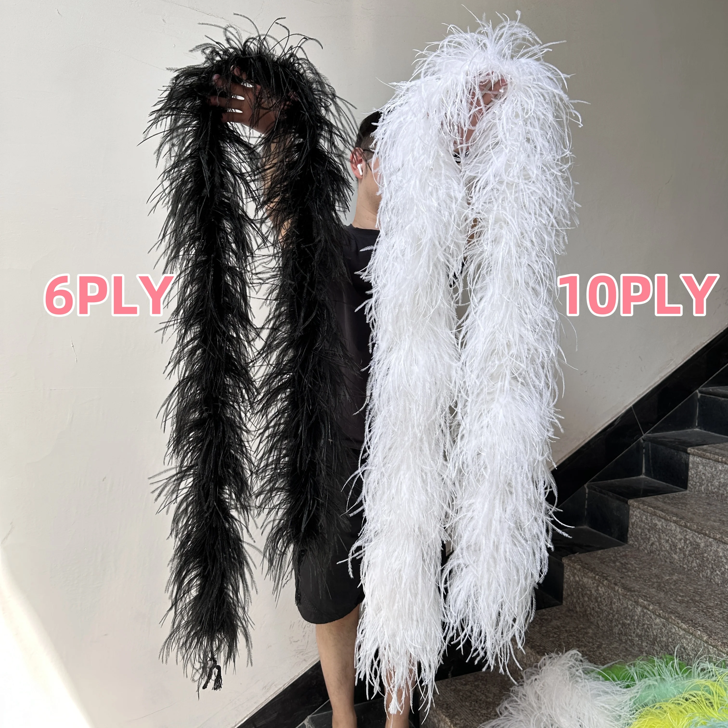 3 6 8 10 15Ply 2Meters Black White Ostrich Feather Boa Fluffy Ostrich feather Scarf Stage Costume Wedding Decorative Accessories