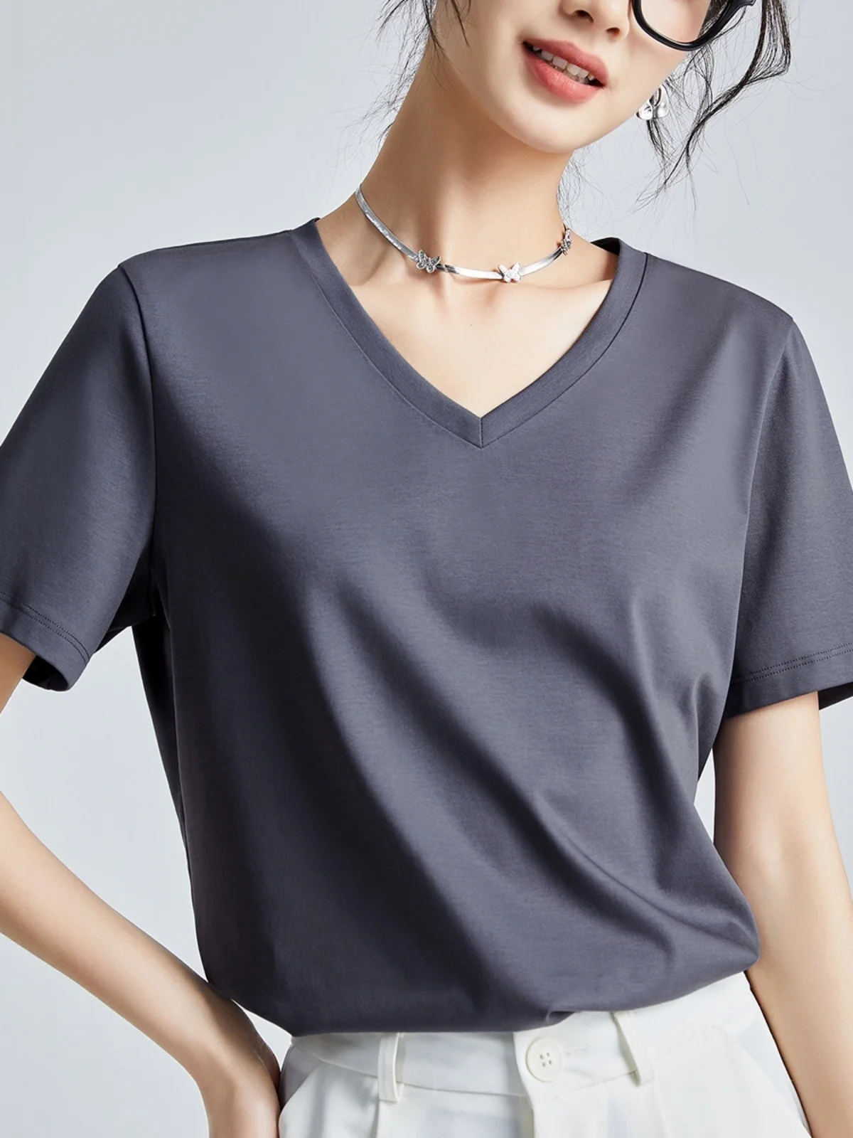 

Летняя футболка из чистого хлопка, женская футболка V-Ne ort Sve из шелкового матового хлопка Cool Feeling Basic oulder Fit White Casual Sle