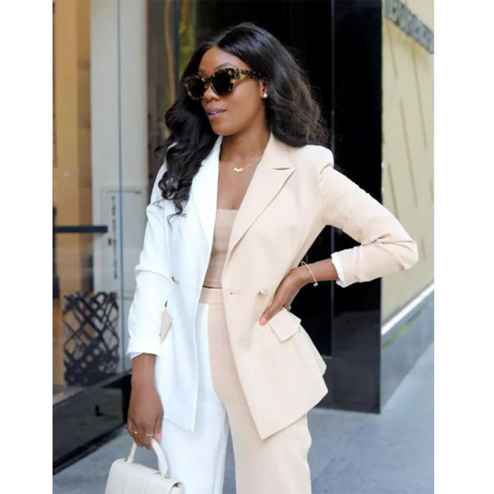 

Fashion Chic White Women's Suit Double Breasted 2 Piece Jacket Pants Balzer Set Elegant High Street Office Lady Female Clothing