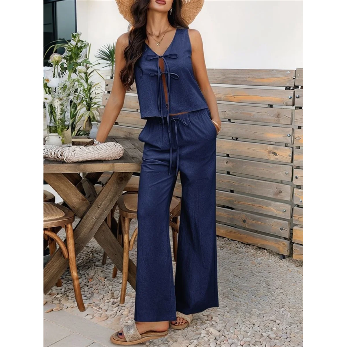Womens 2 Piece Outfits V Neck Tie Waist Vest and Wide Leg Casual Pants Sets Navy Blue M