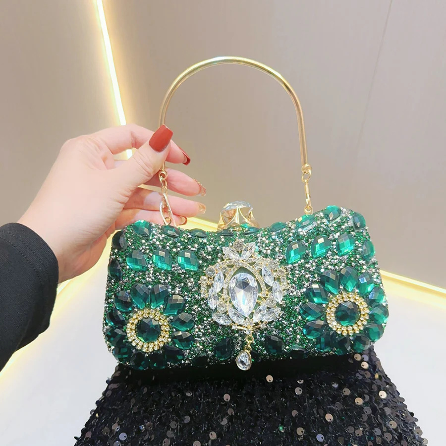

New Rhinestone Green/Black Clutch Purse Luxury Diamond Women Metal Handle Evening Clutches Bag Wedding Bridal Bag Stones Handbag