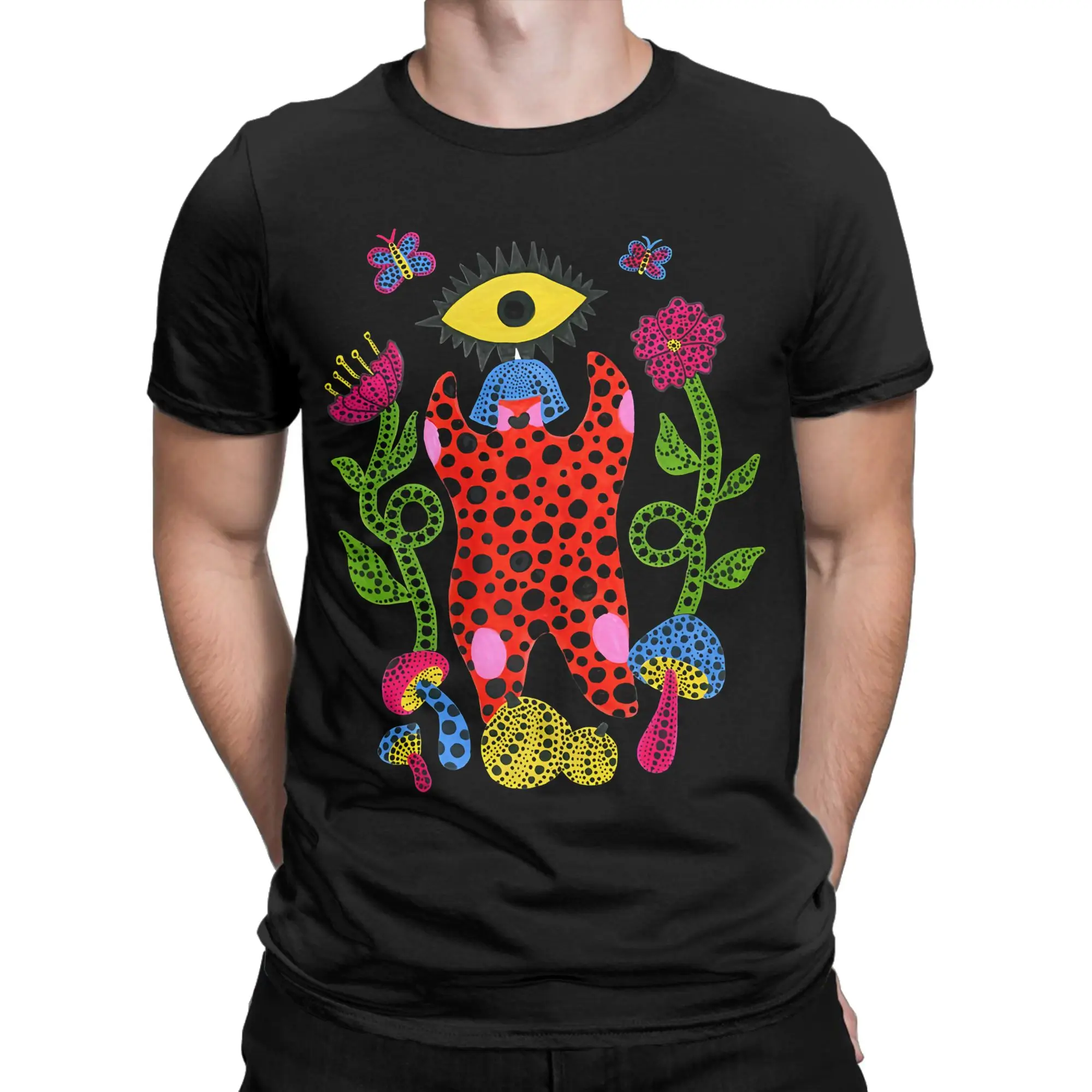 Fun Yayoi Kusama Surreal Figure With Eye Floral T-Shirt for Men Crewneck Cotton T Shirts  Short Sleeve Tees Original Clothing