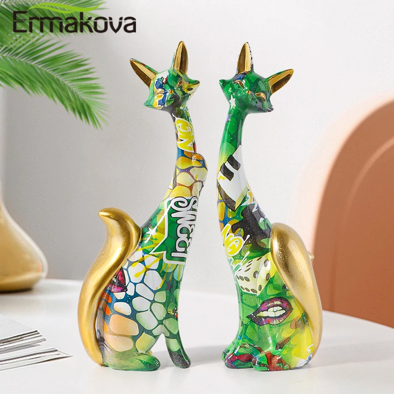 ERMAKOVA Nordic Art Oil Painting Graffiti Lovers Fox Decoration Resin Abstract Ornaments Figurines Bedroom Desktop  Sculpture