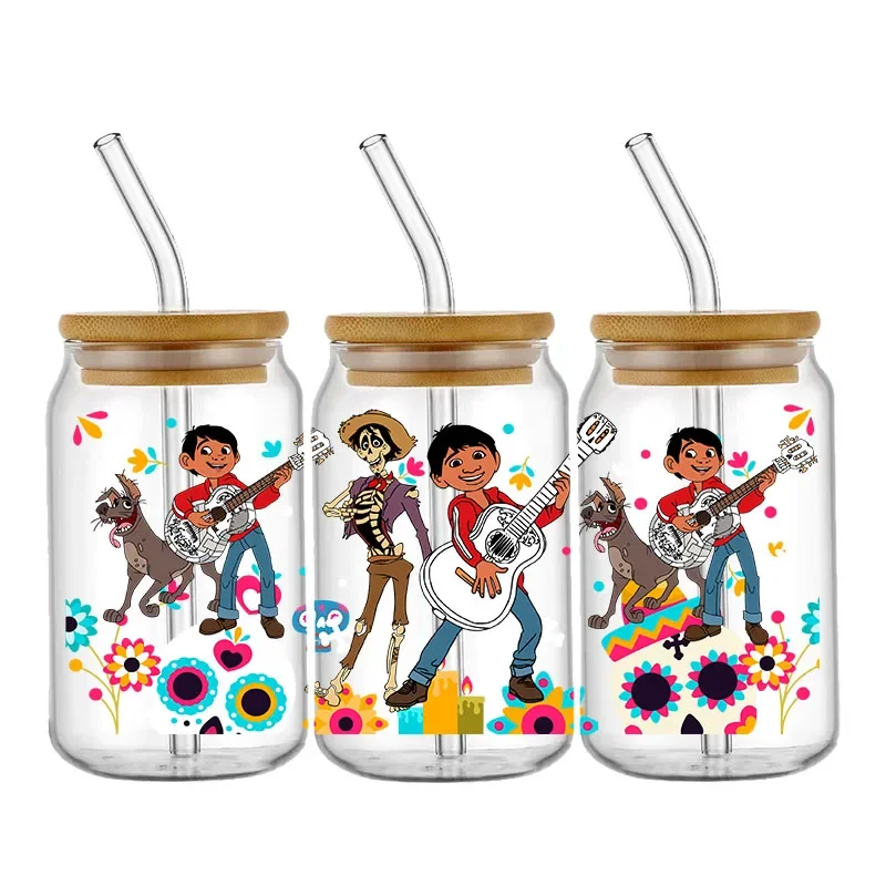 Disney Coco Film UV DTF Transfer Stickers Cartoon For 16oz Glass Libbey Cup Wraps Can Selfadhesive Waterproof Decals Wraps