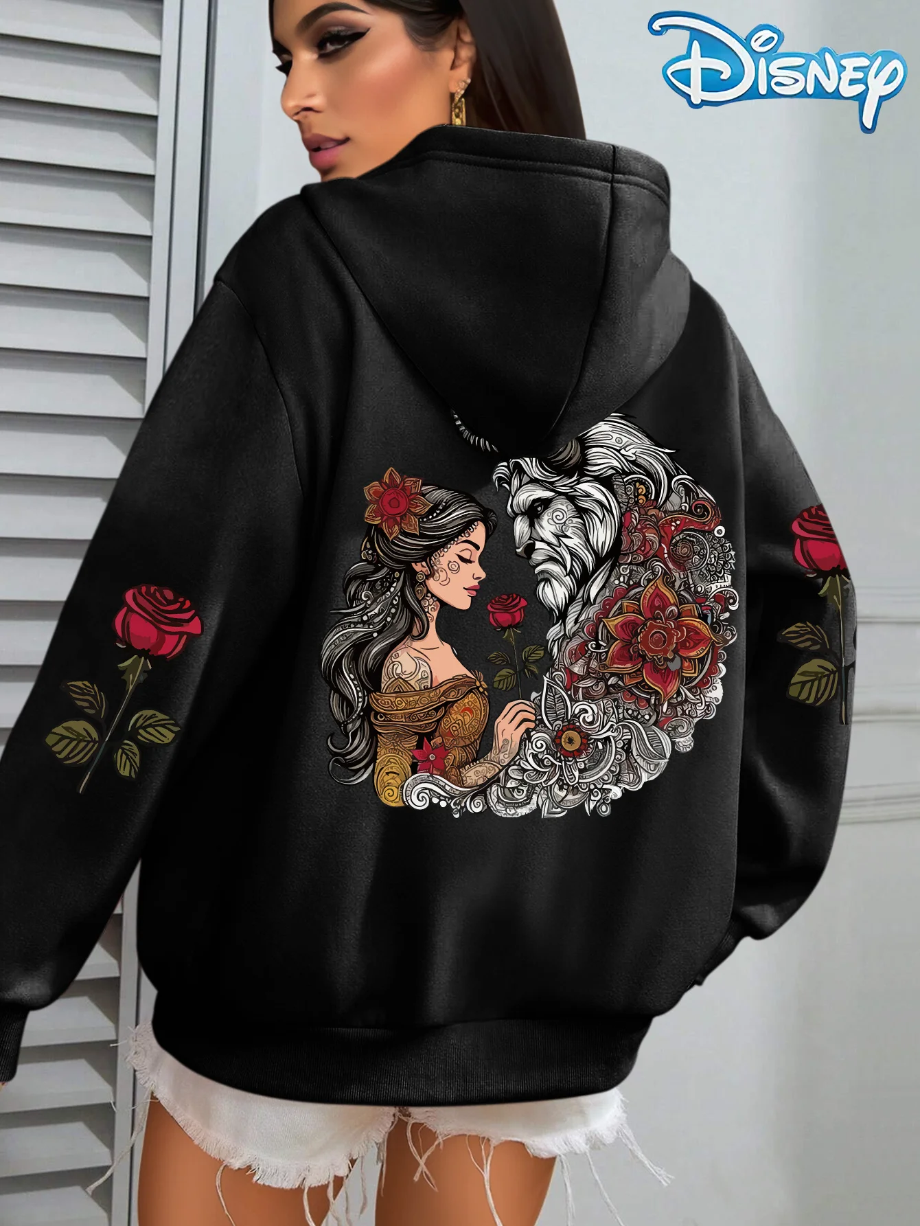Unissex disney bela e a fera algodão velo hoodie cor preta besta belle rosa grande volta impressão manga design solto ajuste