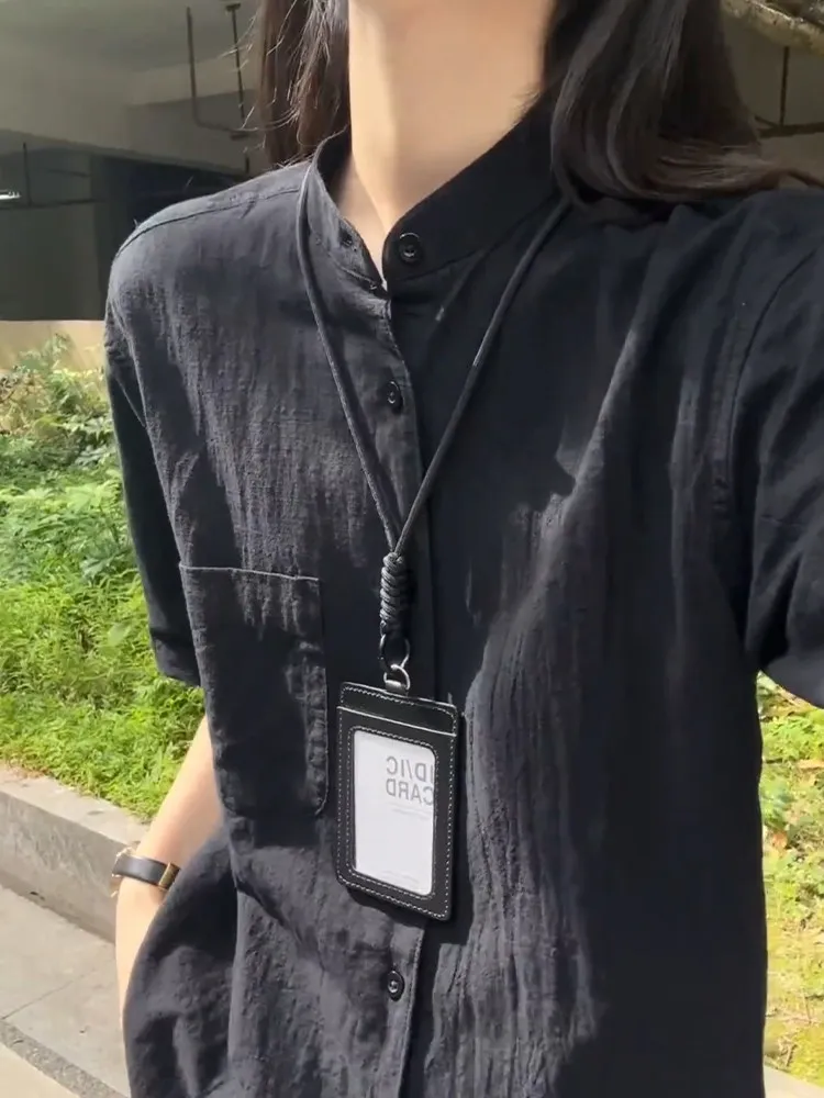 

New Chinese Style Black Cotton Linen Short Sleeve Shirt Men Women Summer High Grade Drape Collar Casual Loose Half Sleeve