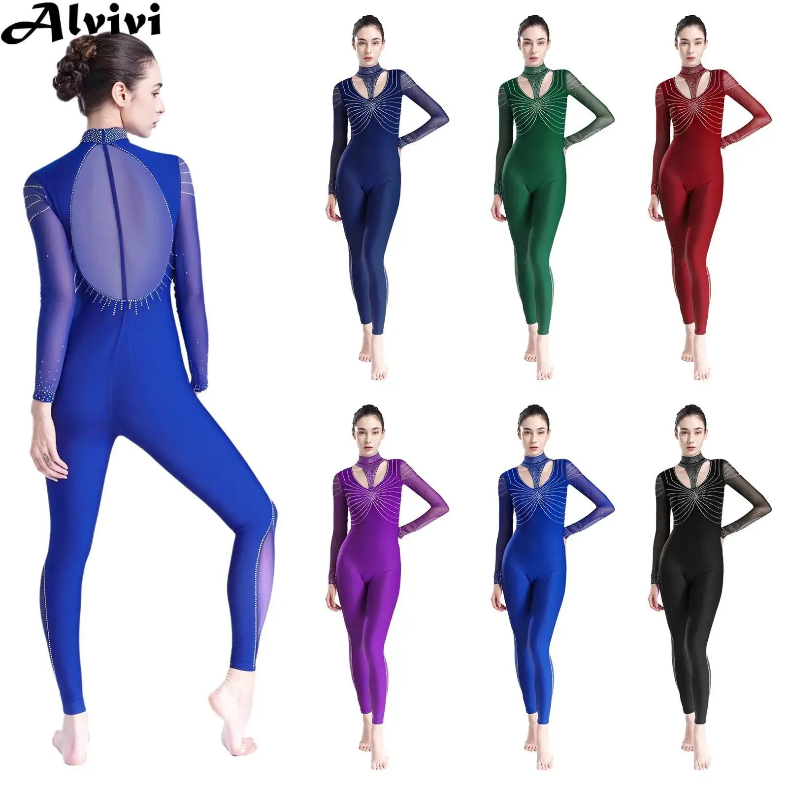 

Женский купальник с длинным рукавом и блестящими стразами, прозрачная сетка, трико для фигурного катания, гимнастика, балета, танца, акробатики, йоги, комбинезон, танцевальная одежда