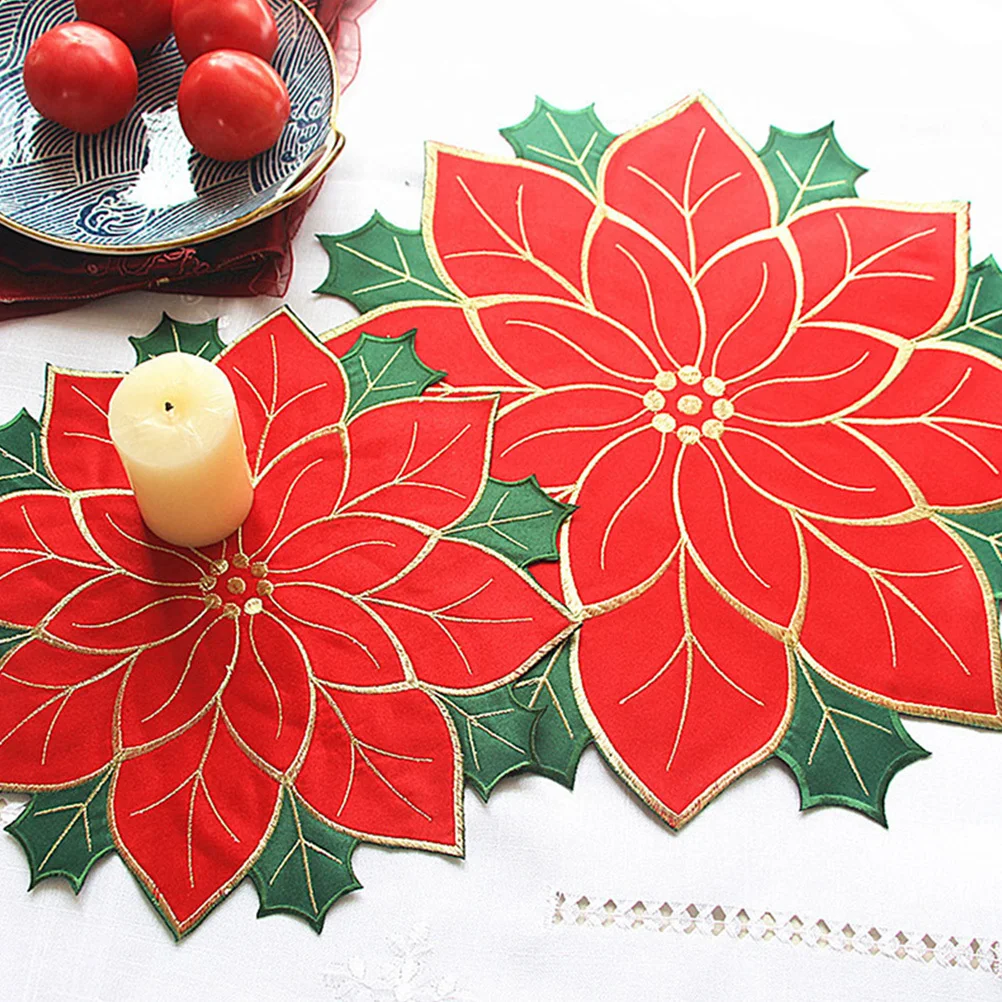 

4pcs Large Christmas Poinsettia Placemat Heat-Resistant Reusable Table Mat For Dining Decoration Insulation Placemats