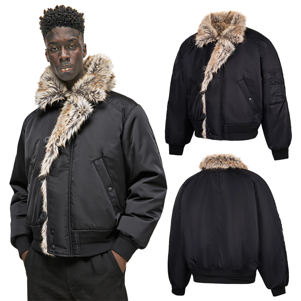 Y2k Vintage Streetwear Zip Up Flight Jackets with Fur Lining High Brand Street Style Heavy Weight Casual Motorcycle Jackets Mens