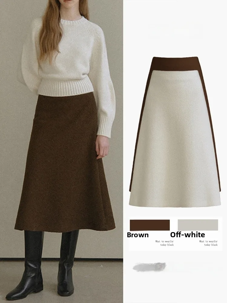 

Brown Woolen High Waist A-Line Skirt Women's Autumn Winter New Sle Ele Slimming Suit Skirt Ci Commute Casual