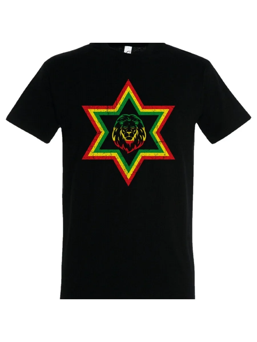 Reggae Jamaica Rastafari Ethiopia Flag Rasta Star Lion T-Shirt. Summer Cotton Short Sleeve O-Neck Mens T Shirt New S-3XL