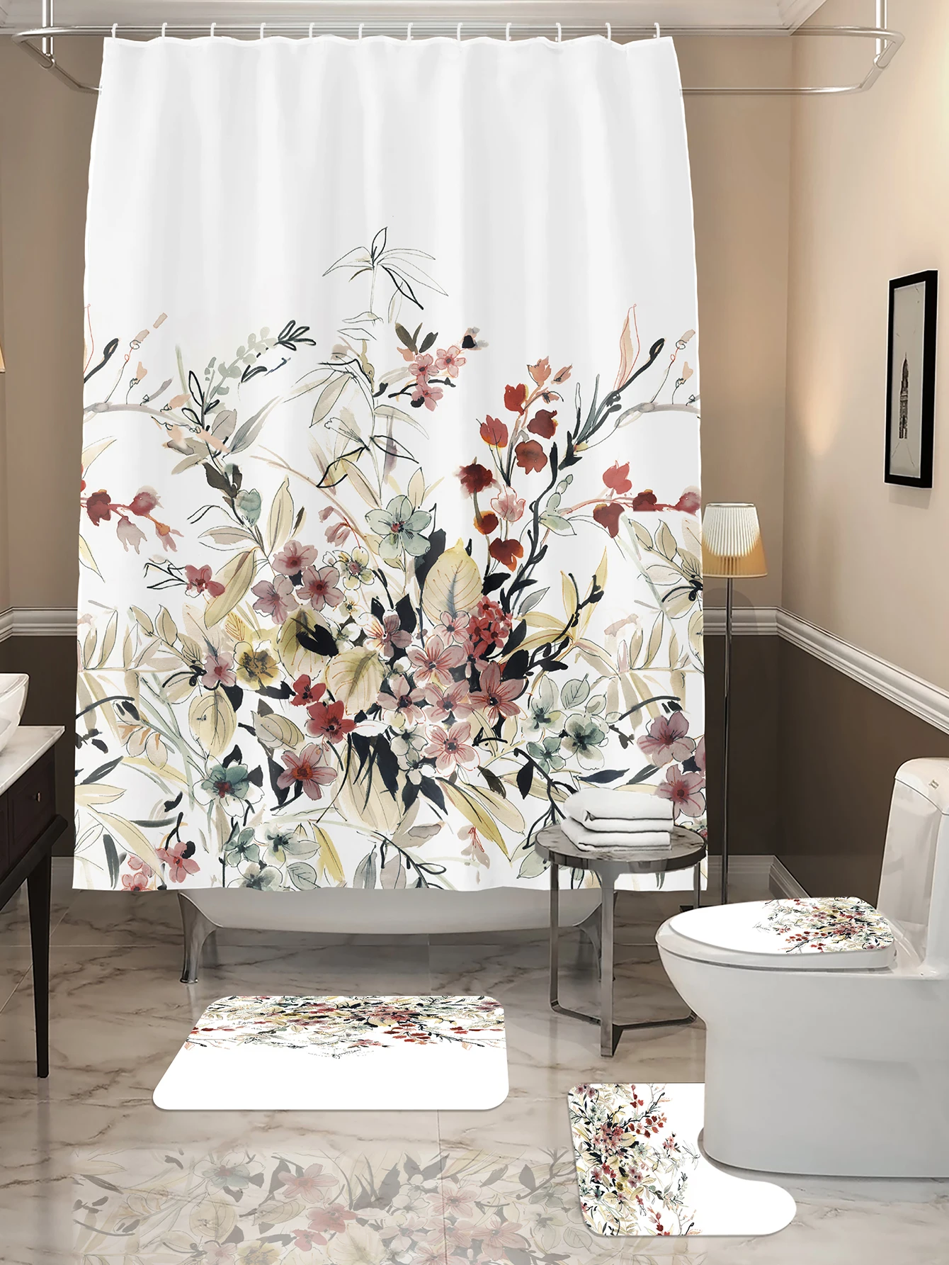 4PCS Colorful Butterfly Plant Series Shower Curtain Set with Four Pieces Bathroom Decoration