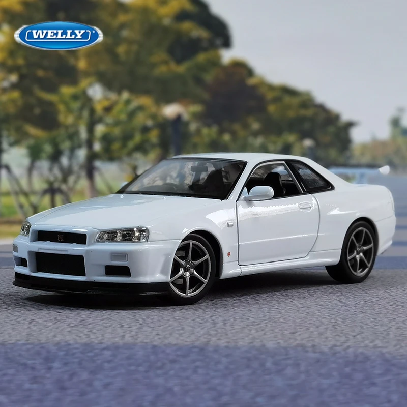 Welly-Nissan Skyline GTR R34, coche deportivo de aleación, modelo de simulación de coche de carreras de Metal fundido a presión, colección de