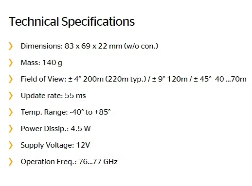 ARS510  Millimeter wave radar vehicle gauge sensor