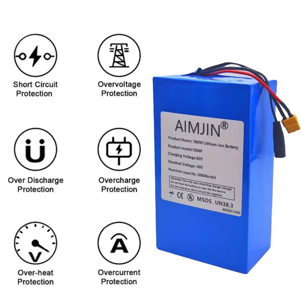 10S6P 36V 20000mAh Rechargeable Lithium-ion Battery Pack 1000W Built in BMS Suitable for Electric Scooter Battery