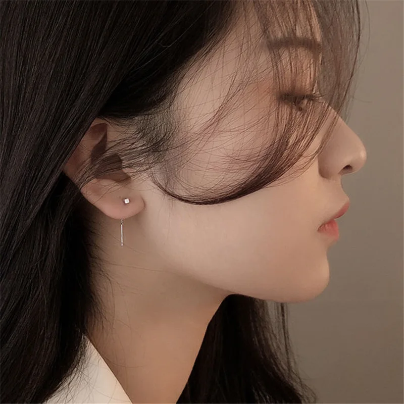 Square Ear Line Earrings Minimalist Long Tassel Drop Earrings for Women Titanium Steel Geometric Round Ball  Girl Party Jewelry