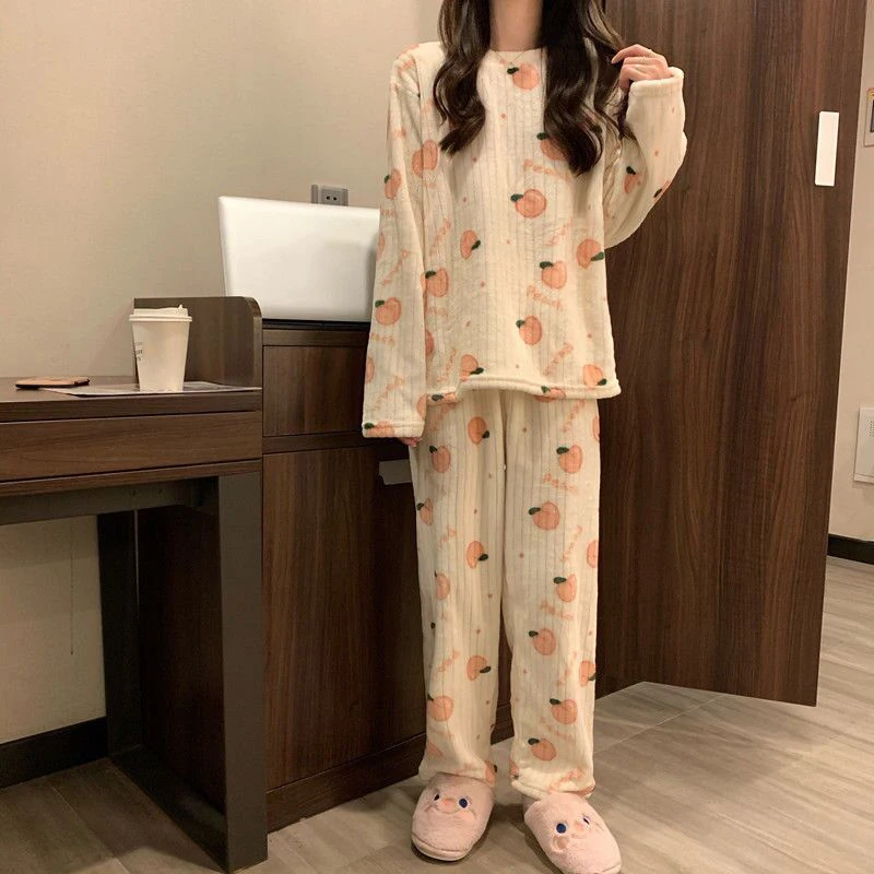 EVNISI Winter Women Warm Sets Cute Peach Printed Thicken Fleece Tops And Pants Pajama Suit Autumn Women Velvet Casual 2 Pieces