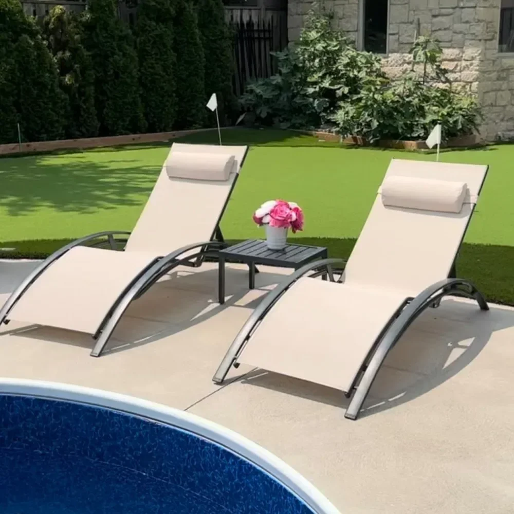 Sun Lounger Set of 3, Outdoor Lounges Chairs, Beach Pool Sunbathing Lounger with Side Table Included, Sun Loungers