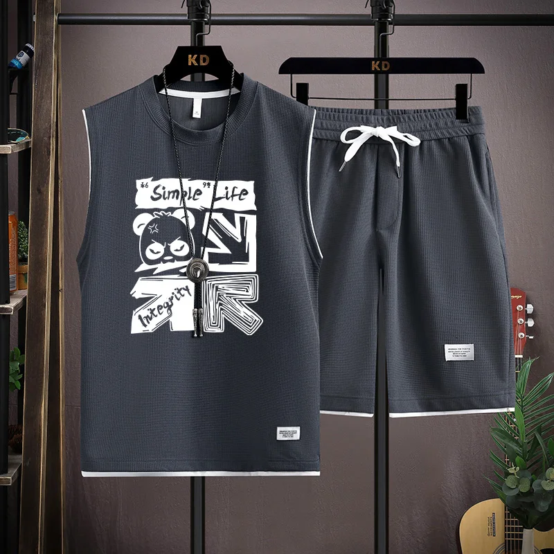 

Комплект из спортивного жилета и шорт для подростков, повседневный летний наряд, костюм из двух предметов, полиэстер, модный мужской комплект.