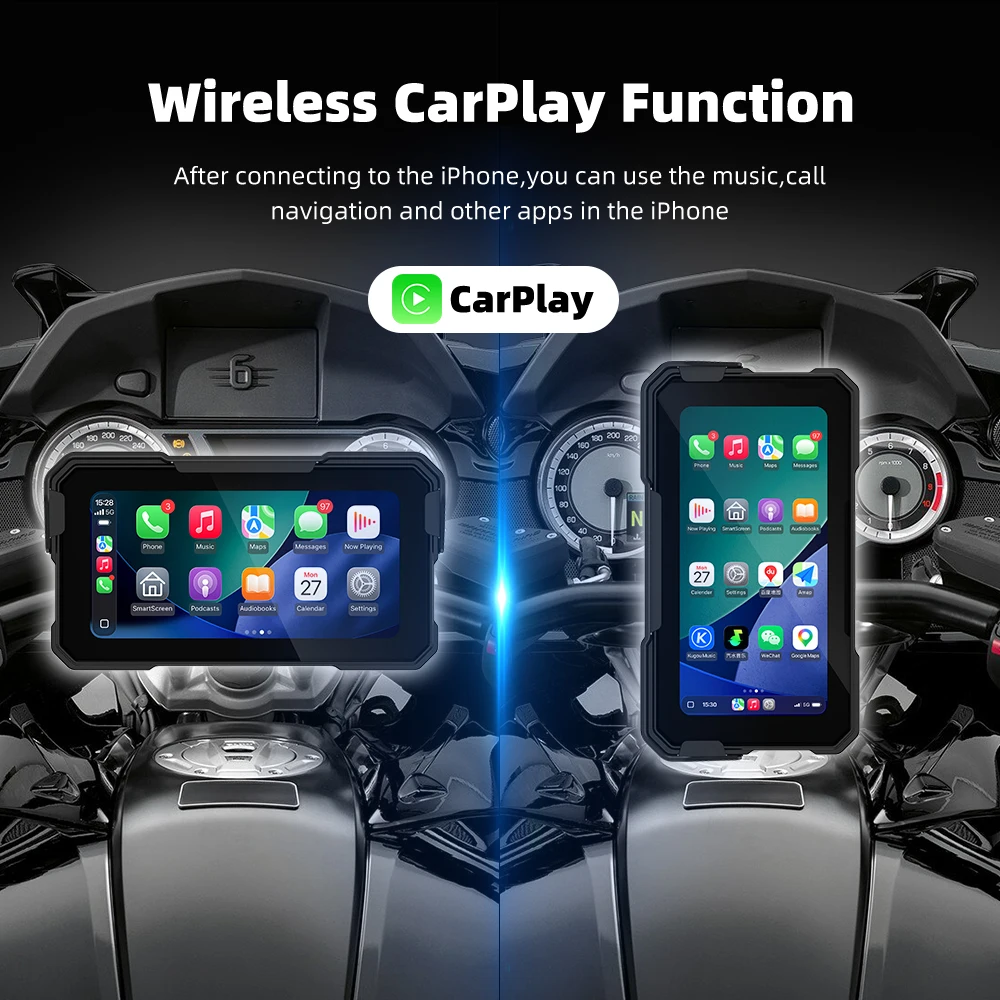 EKIY 6.25 Inch Portable USB Power Supply Motorcycle Wireless Carplay Android Auto GPS Navigation Support TPMS Waterproof IP67