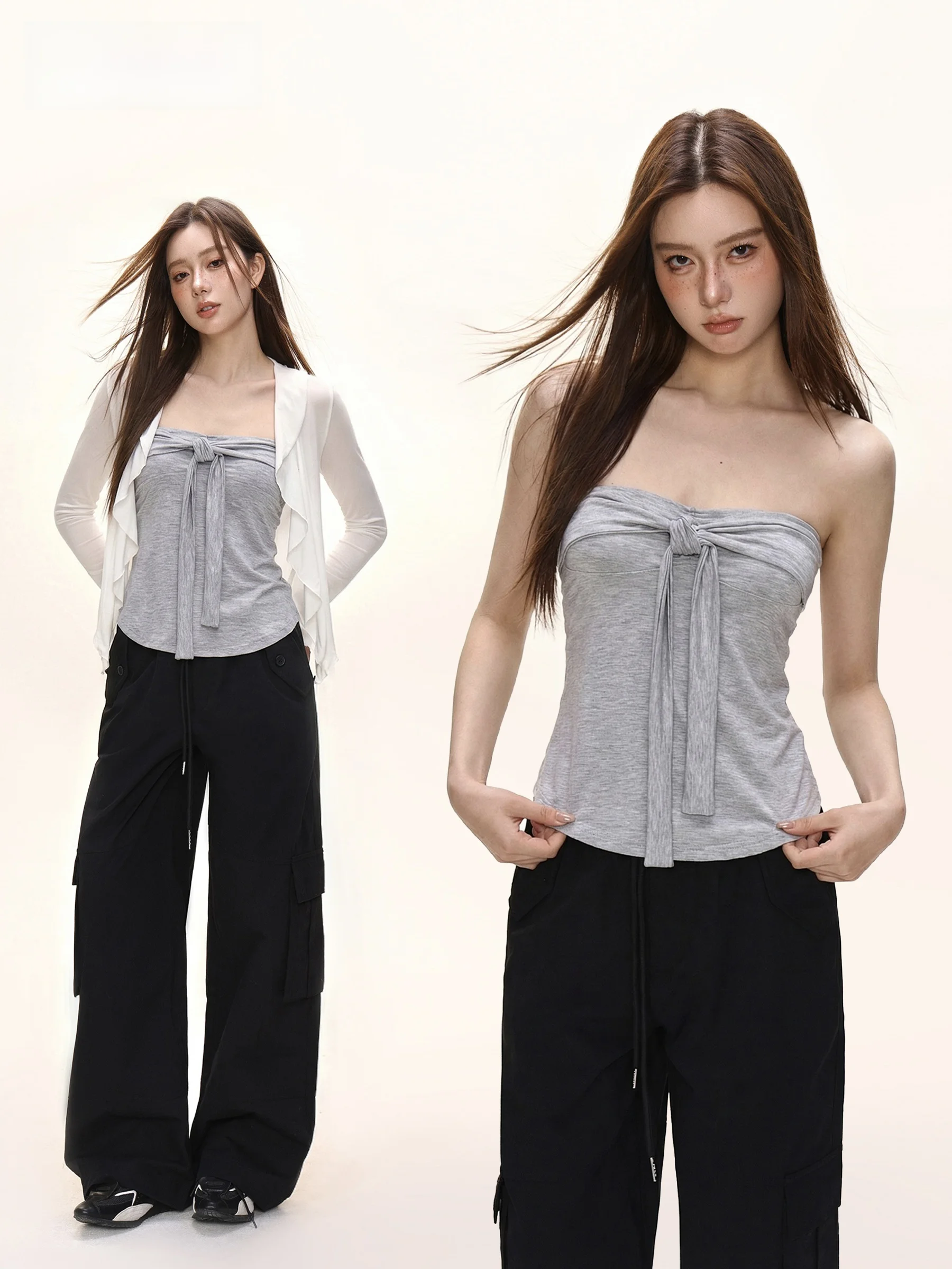 

Shiyiyue Women's Slim Fit Short Sleeve Open Cardigan with Lace Trim Twist Knot Tie Top And Vest Two Piece Set Casual Style