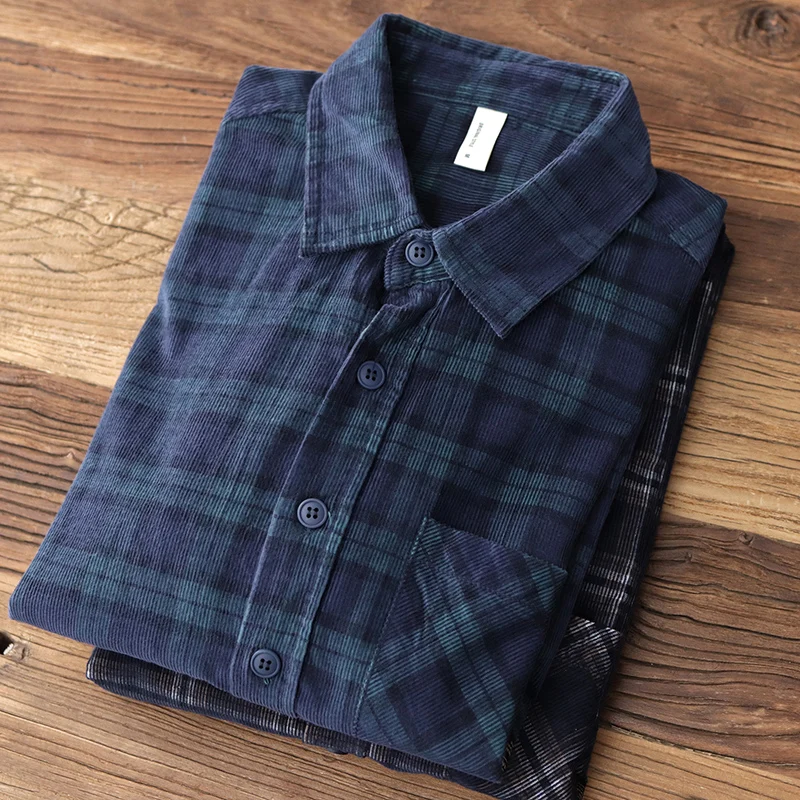 Corduroy Men\'s Plaid Cargo Shirt Autumn America Style Literary Vintage Business Office Long Sleeve Casual All-Match Basic Tops