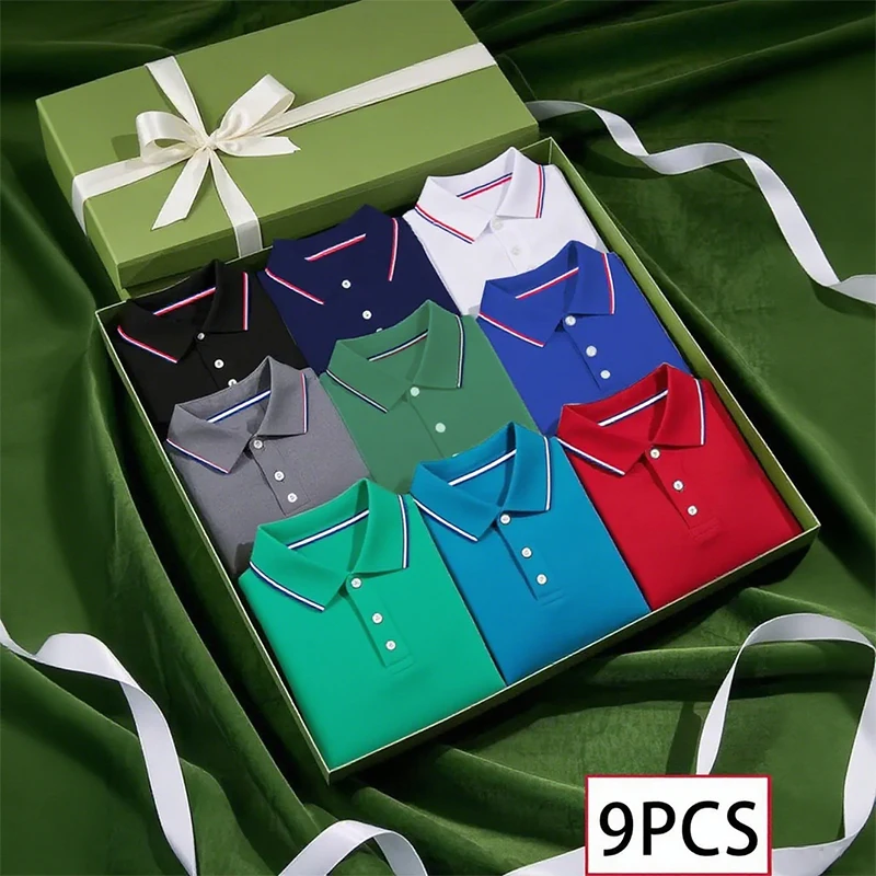 2025 Summer Hot: Men's Silk-like Lapel Polo Shirts 9-Piece Set - Breathable, Comfortable & Versatile