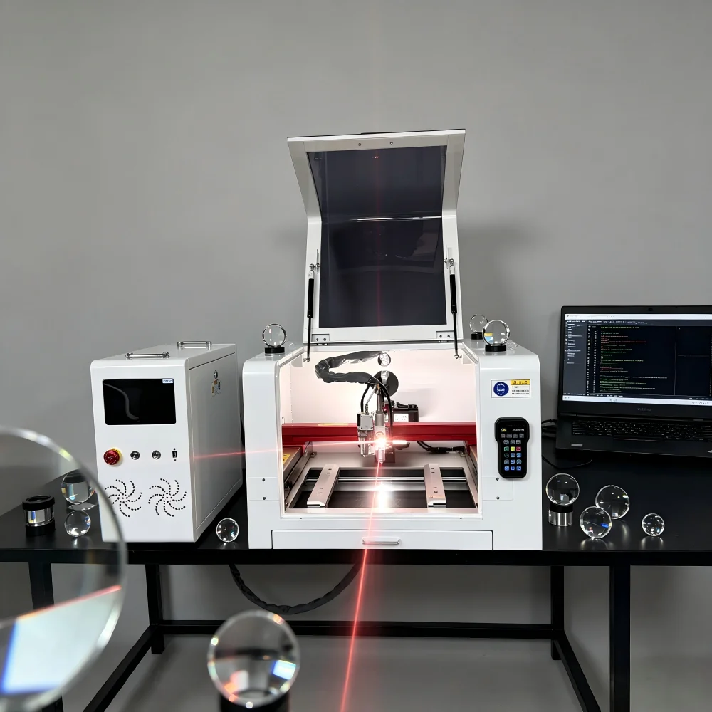 800w Mini Desktop Portable Small Fiber  Metal Cutting Machine Small Fiber Core 400*400mm For Metal Jewelry Engraving