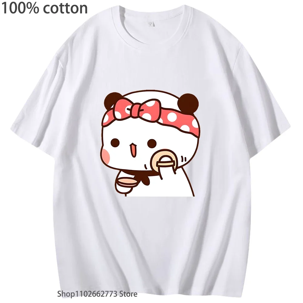 Bubu Is Making Up To Go Out with Dudu T-Shirts Kawaii Cute Panda Bear Graphic Shirt Women T Shirts 100%Cotton Tees Mens Clothing