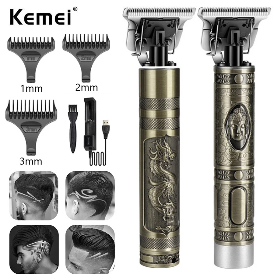 Kemei T9 Cordless Men Trimmer Professional Buddha Dragon Phoenix Hair Clipper Bald Head Finish Hair Cutting Machine KM-1974